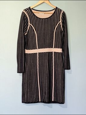 Calvin Klein Women's Black and Cream Patterned Long-Sleeve Knit Sweater Dress
